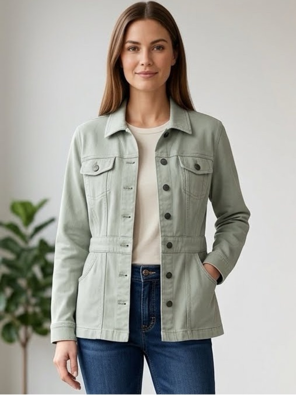 Coldwater Creek Sage Green 4-Pocket Utility Denim Jacket (Size Petite XL) NWT